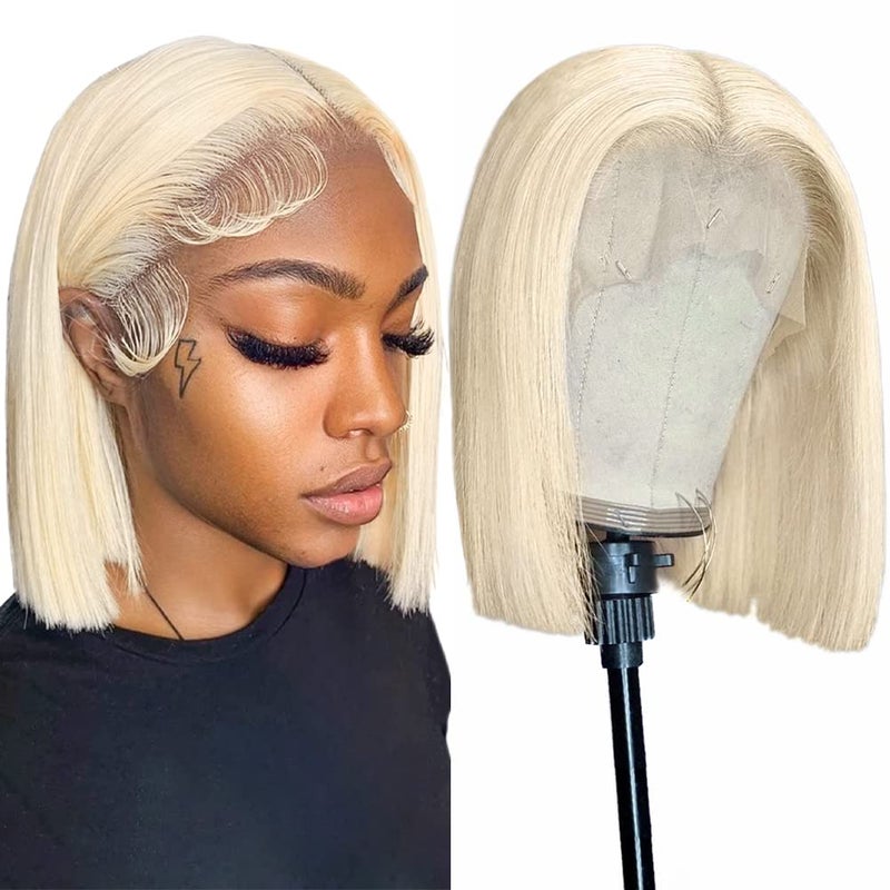 Flady Blonde Bob Wig Human Hair 613 Colored 13X4 HD Lace Front Wigs Pre Plucked With Natural Baby Hair 150 Density Straight Short Bob Wigs For Black Women Human Hair Natural Hairline 10 inch